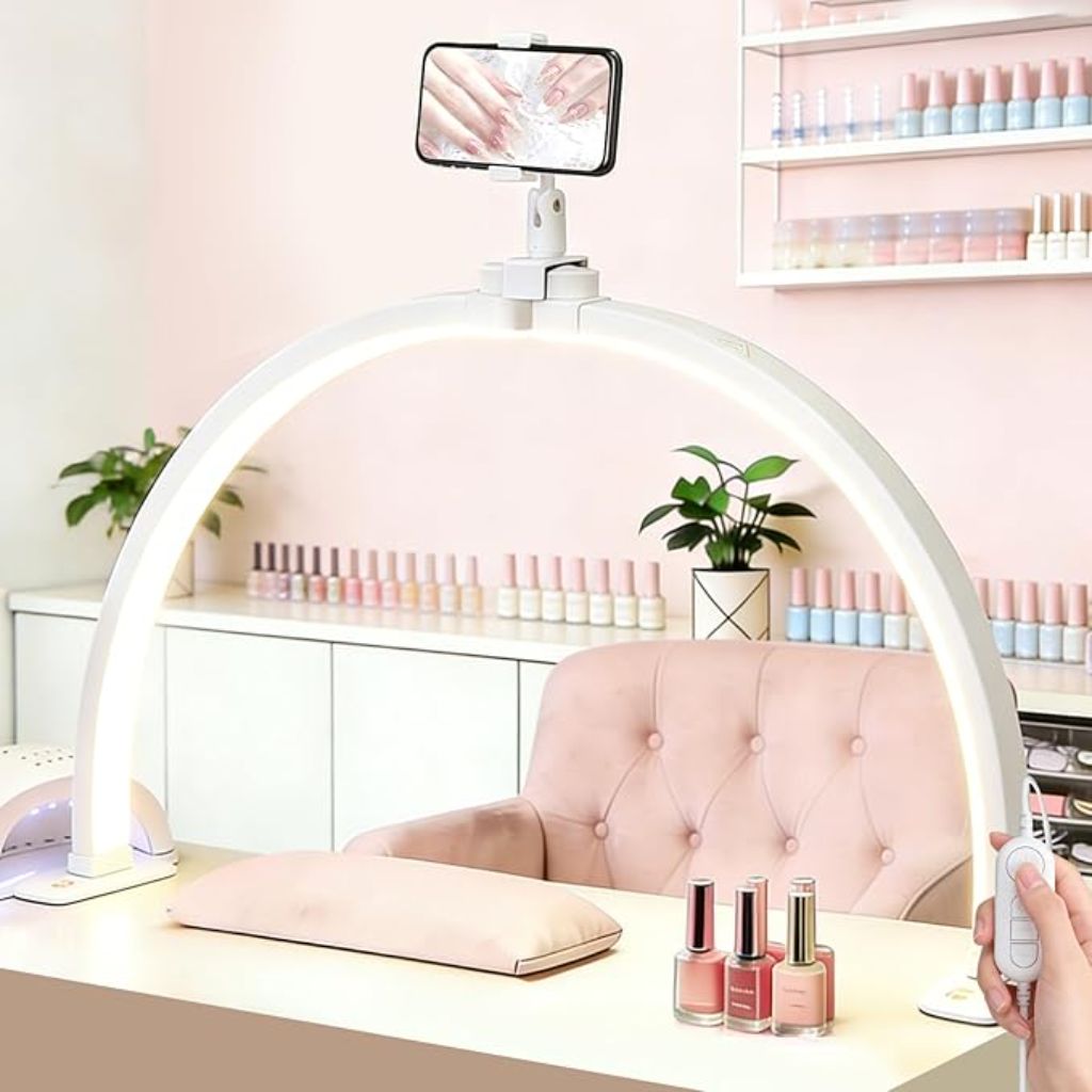 Modelones 29IN Half Moon Light for Nail Desk, 364 LEDs 3 Color Modes Rhinestones Nail Light for Desk with Phone Holder, Foldable Premium LED Lamp for Professional Manicure, Eyelash Extension, Skincare