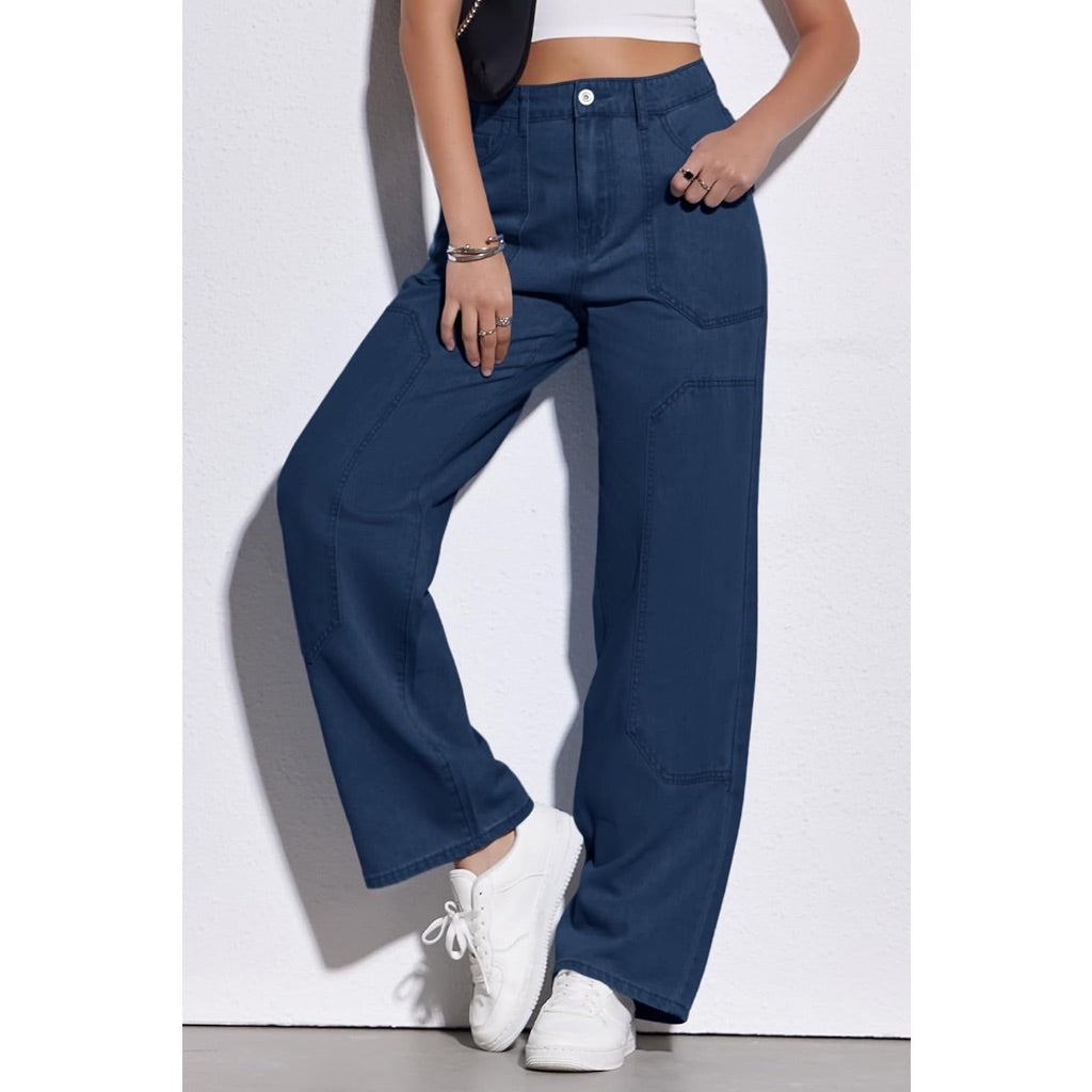 Women's High Waisted Cargo Jeans Wide Leg Boyfriend Baggy Pants, Navy, Size 8
