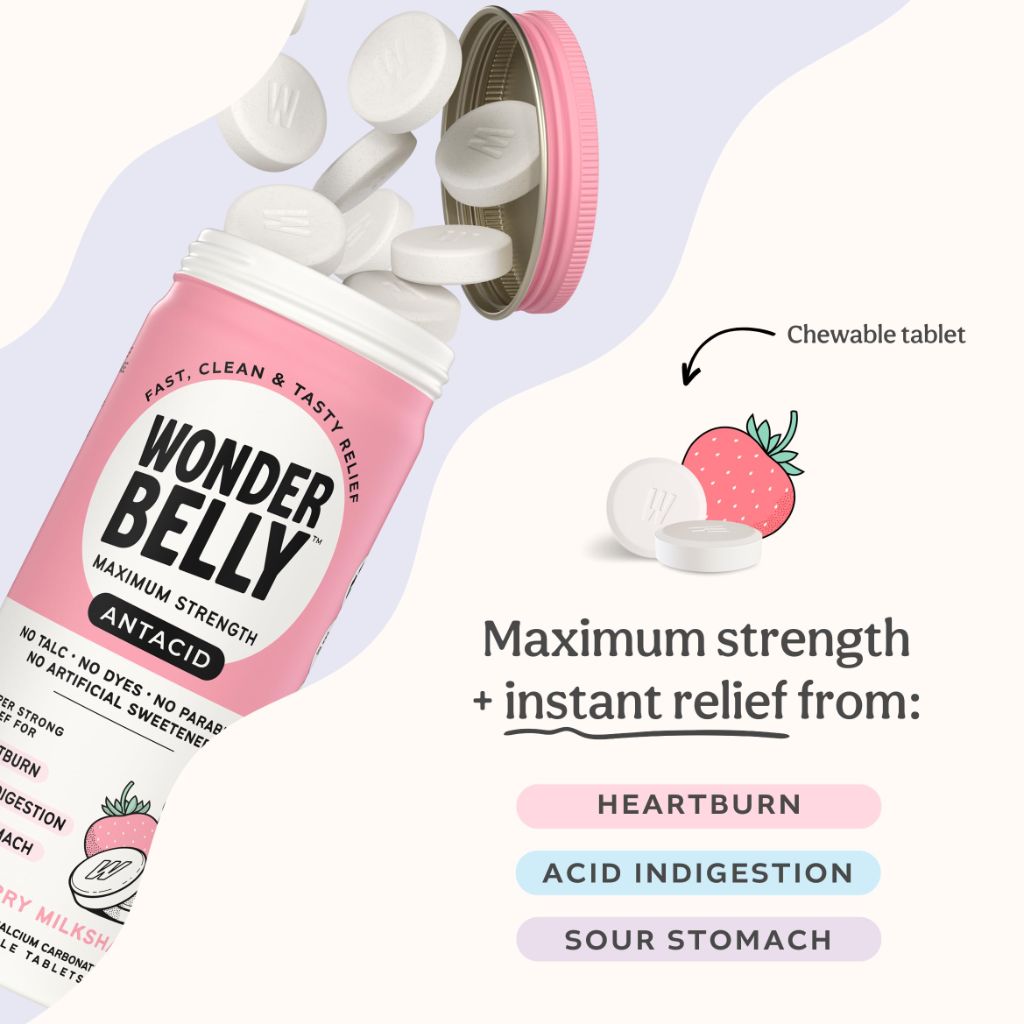 Wonderbelly Antacid, Effective Heartburn and Instant Acid Indigestion Relief,  Strawberry Milkshake, 60 Count