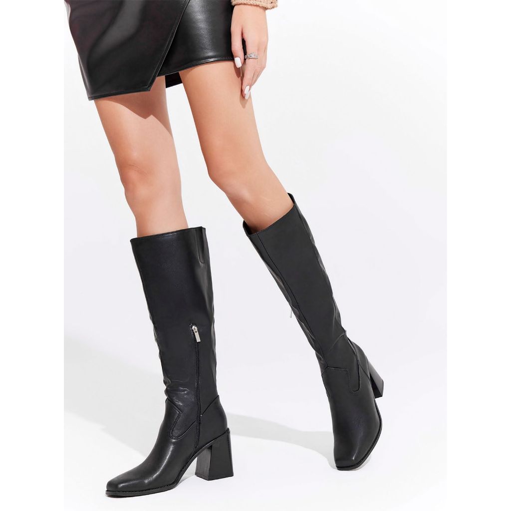 Coutgo Women's Knee High Boots Wide Calf Square Toe Chunky Heeled Pull-on Boot, Black, Size 8.5