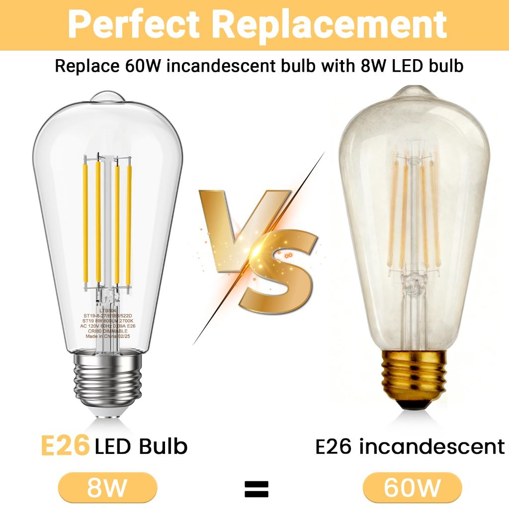 Novapollo Edison Light Bulbs 8W, 80W Equivalent Dimmable Vintage LED Light Bulbs, 800LM E26 Medium Base Soft White 2700K LED Bulb, ST19 90+ CRI LED Bulb, Clear Glass,12 Pack