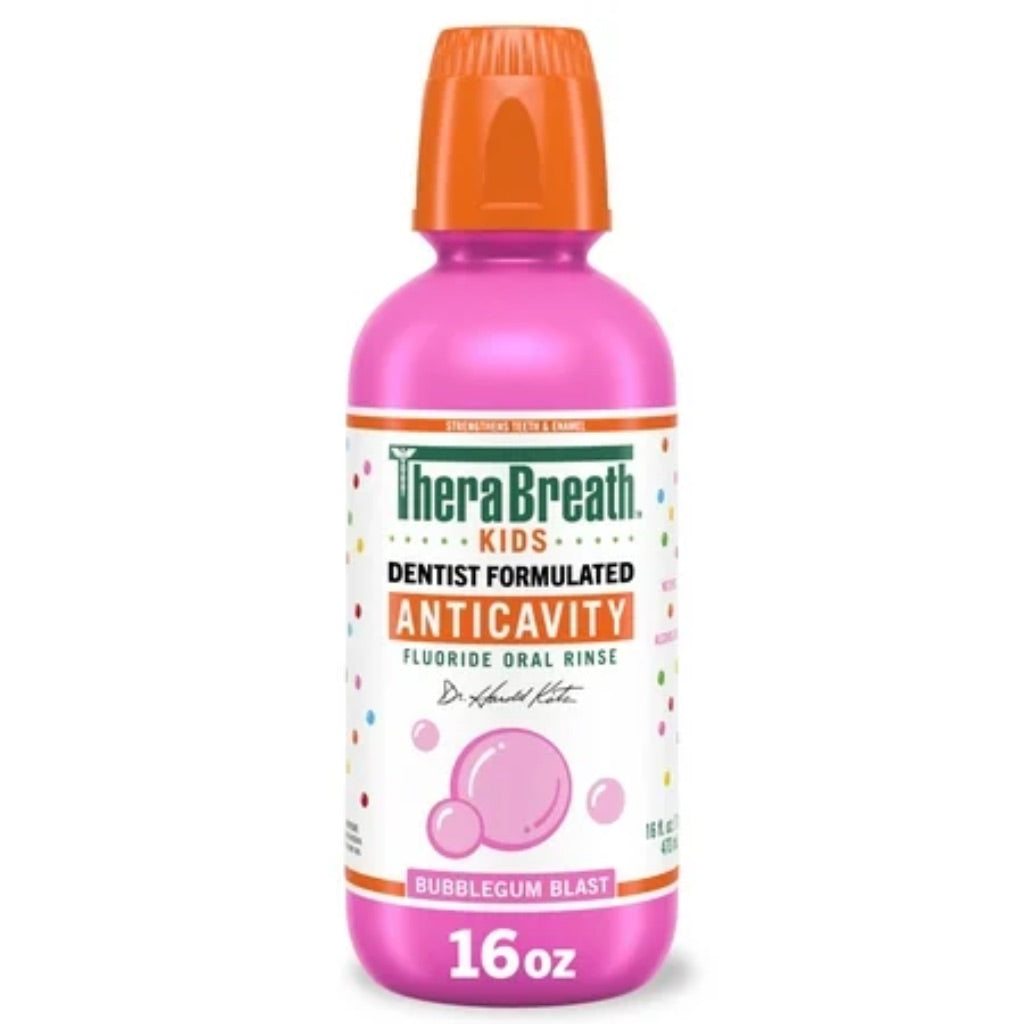 TheraBreath Kids Anticavity Fluoride Oral Rinse  Strengthens Teeth & Enamel  Alcohol Free & Dye Free  Certified Organic Bubblegum Blast Flavor  16 Fl Oz