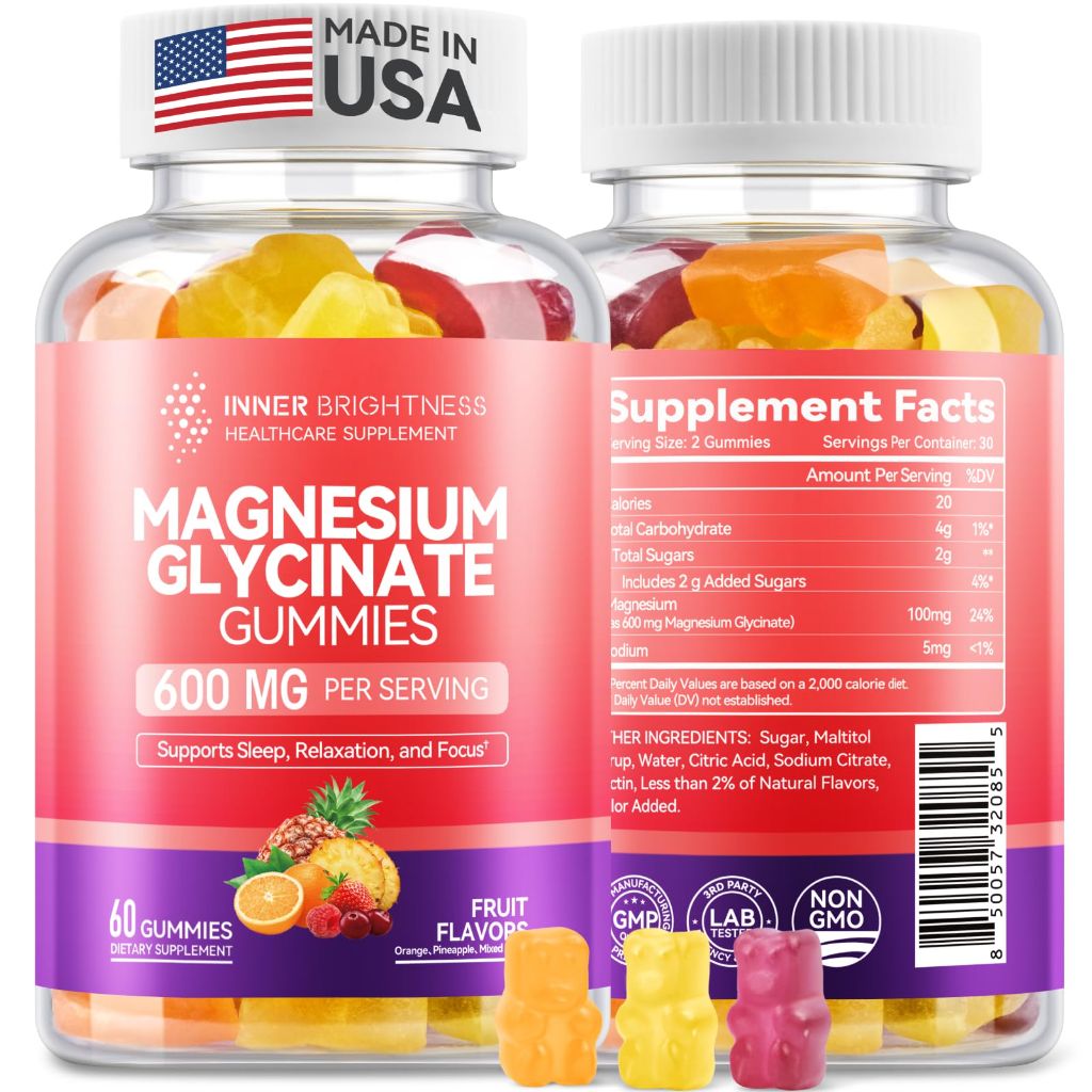 Magnesium Glycinate Gummies 600mg, Non-GMO, Gluten-Free | 3 in 1 Flavor, 60 Count