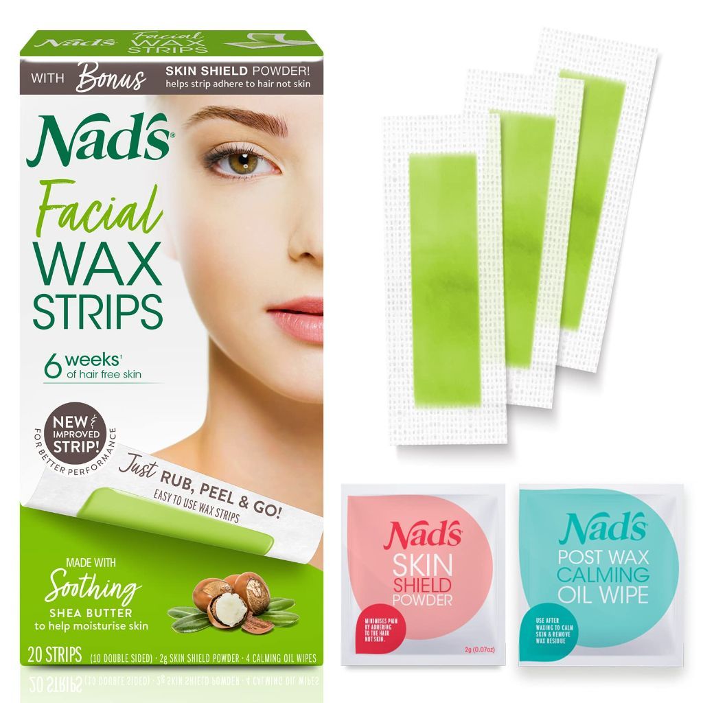 Nad's Facial Wax Strips - At Home Waxing Kit with 20 Face Wax Strips + 4 Calming Oil Wipes