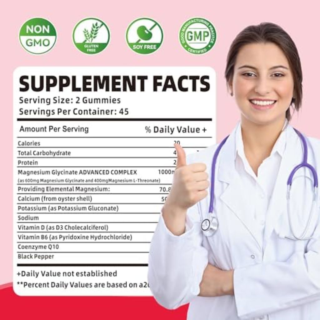 Magnesium Glycinate Gummies 1000mg - 90 Raspberry Gummies (2pk)