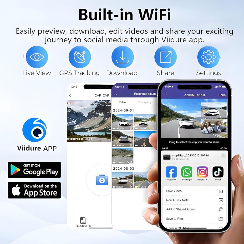 Doock 3 Channel 4K Dash Cam Front, 1080P Dash Camera Rear and Inside for Cars with 3.16 IPS Screen, 64GB Card