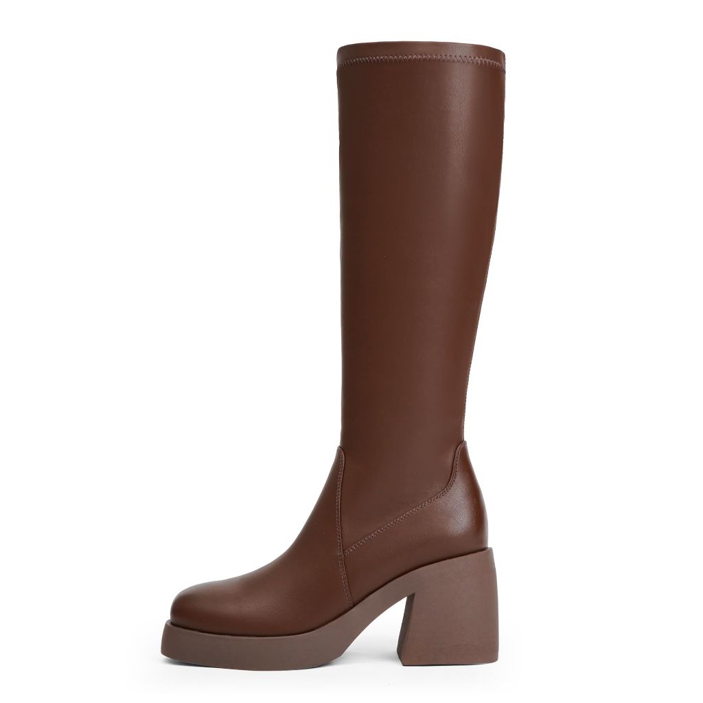 Easyfox Brown Platform Tall Boots Stretchy Knee High Boots Women Square Toe Long Brown Elastic Boots Chunky Heel Brown Boots for Women Size 9.5