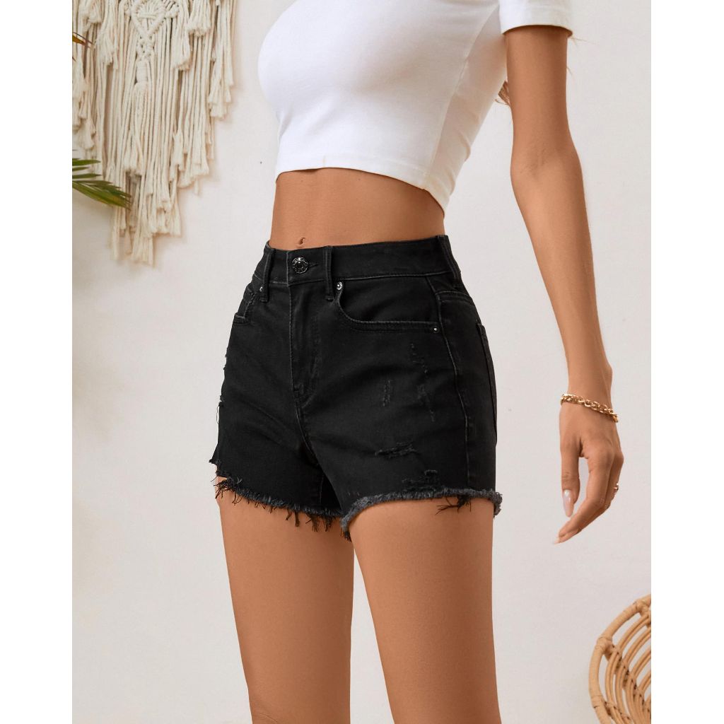 OFLUCK Women's High Waisted Ripped Frayed Raw Hem Stretch Denim Shorts - Black, Size 2
