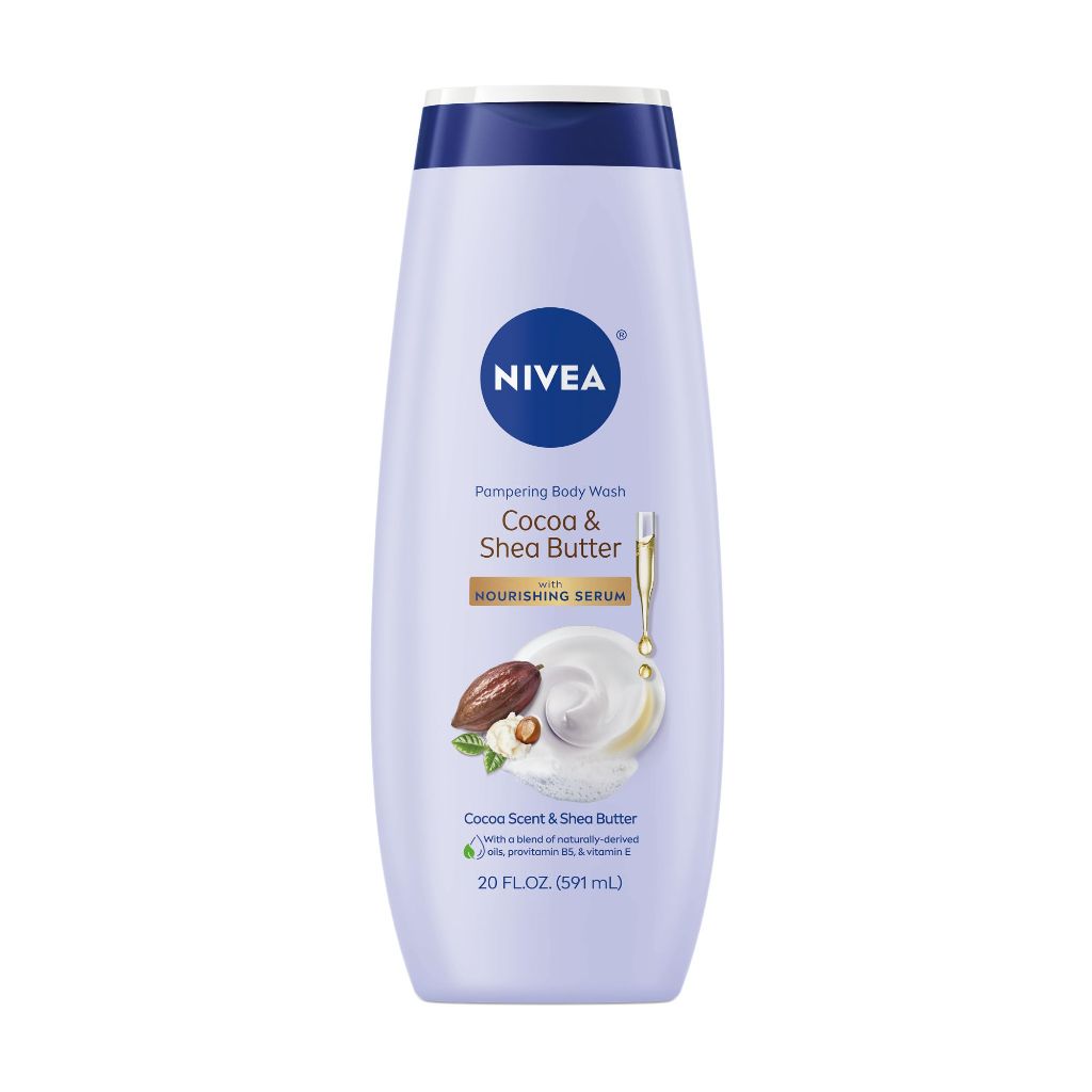 NIVEA Pampering Cocoa and Shea Butter Body Wash with Nourishing Serum, 20 Fl Oz Bottle