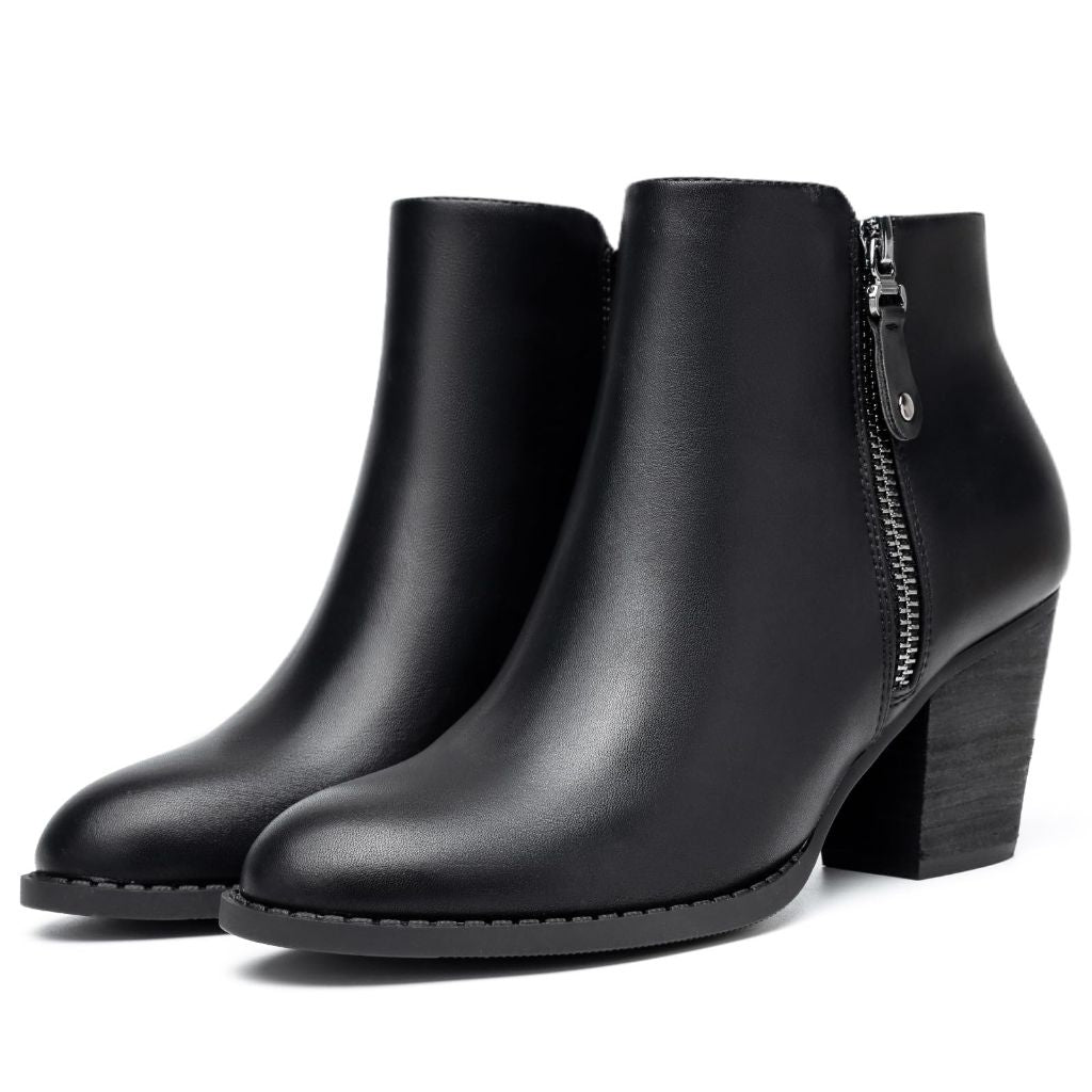 ANJOUFEMME Chunky Low Heeled Almond Toe Short Booties with Zipper Faux Suede Dress Western Fall 2025 Shoes 7, Black