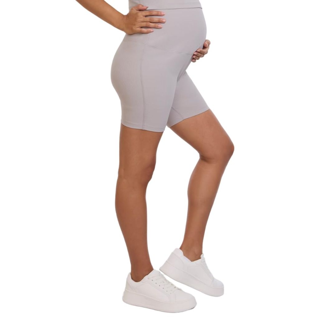 Motherhood Maternity Women's Over The Belly Ribbed Biker Pregnancy Workout Shorts, Opal, X-Large