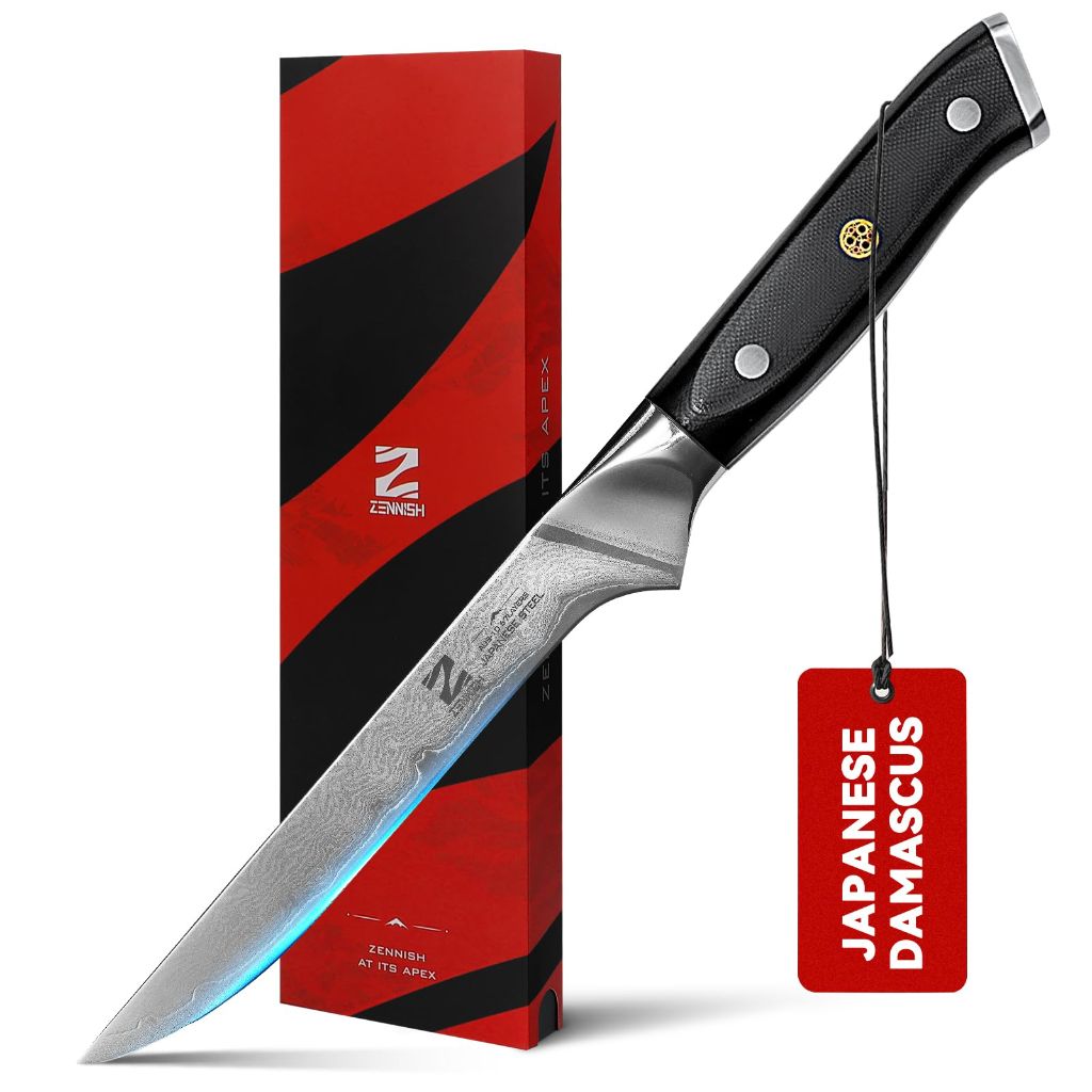 Zennish Boning Knife, 6 Inch,  AUS-10 Steel Core & 67-Layer Damascus Cladding, Full Tang G10 Handle