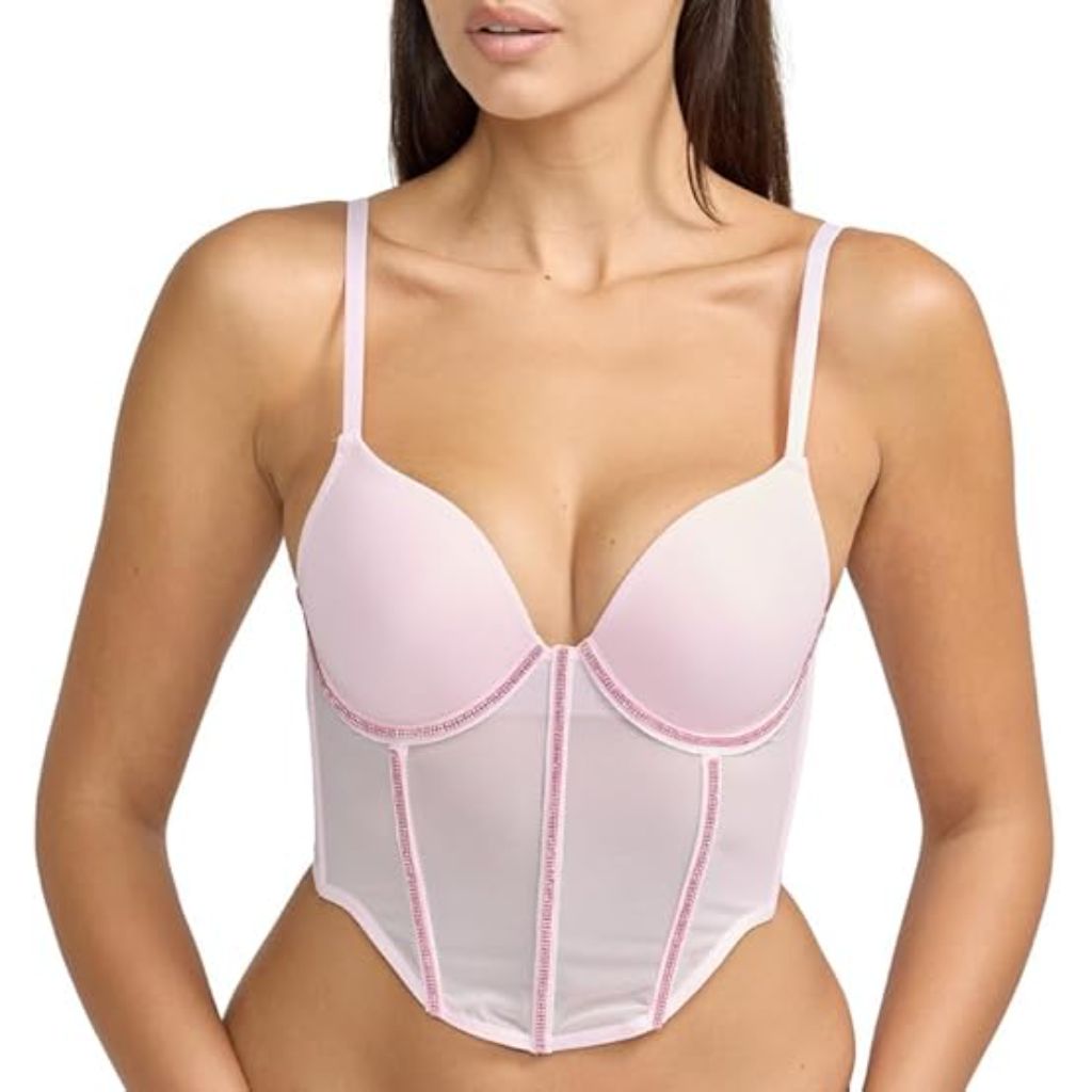 BCBG Generation Women's Mesh Rhinestone Embellished Corset Bra Top, Cherry Blossom - size 34C