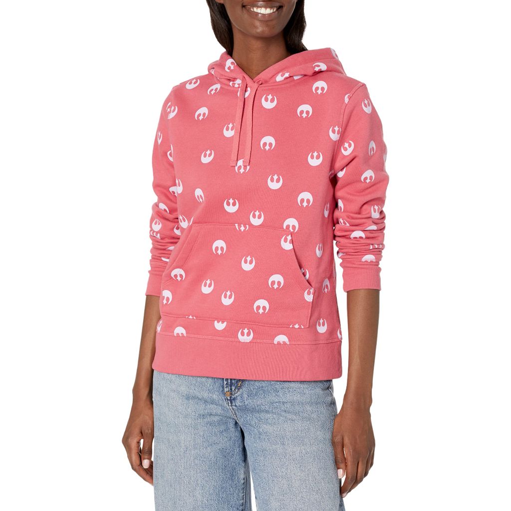 SZ 1X, Amazon Essentials Disney | Women's Fleece Hooded Pullover Hoodie Sweatshirts, Pink Star Wars Rebel
