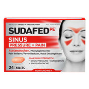 Sudafed PE Sinus Pressure + Pain Relief Tablets, Maximum Strength, Non-Drowsy, 24 ct