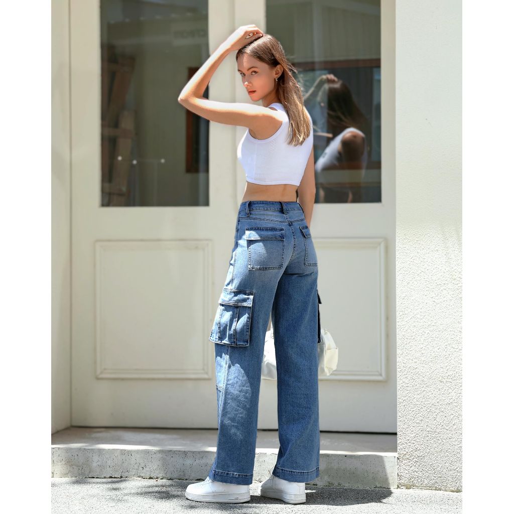OFLUCK Women's Cargo Jeans High Rise Casual Loose Fit Wide Leg Denim Pants, Medium Blue, S-10