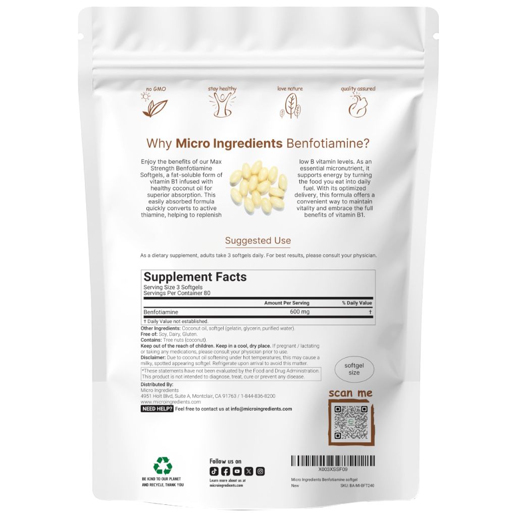 Vitamin B1 Benfotiamine 600mg Per Serving, 240 Coconut Oil Softgels