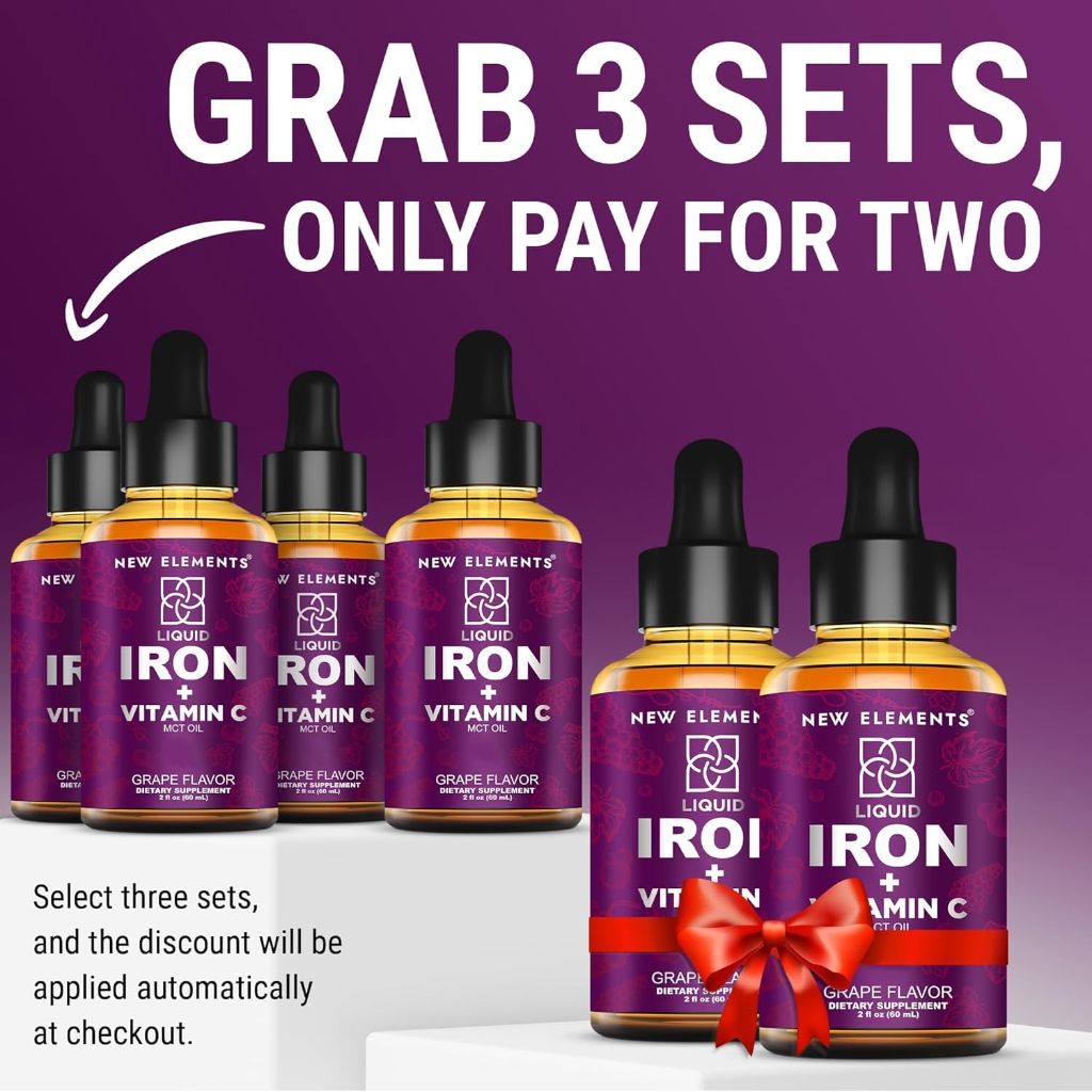 New Elements Liquid Iron (18mg) Supplement with Vitamin C (50mg) - Grape, 2 fl. oz. (Twin Pack)