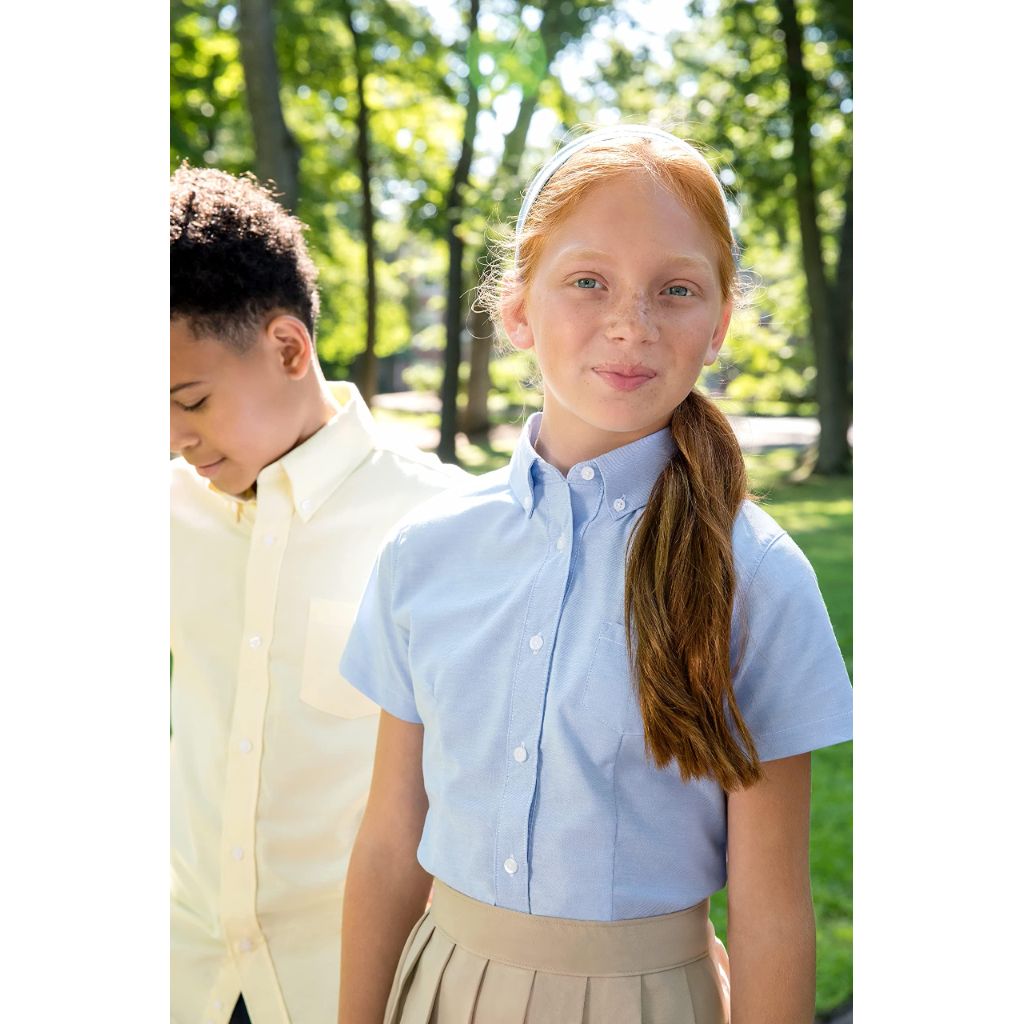 SZ 16, French Toast Girls' Fitted Wrinkle-Resistant Oxford Shirt with Short Sleeves, Light Blue