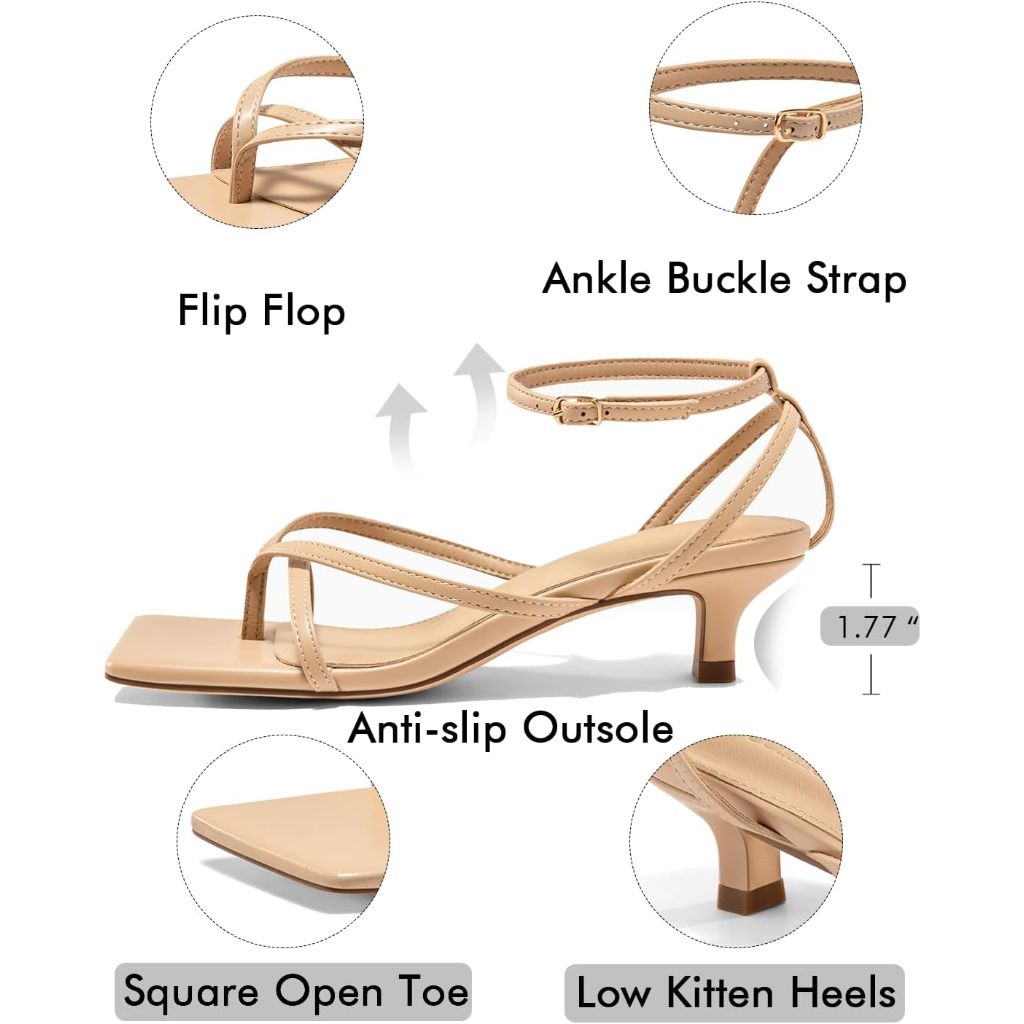 Coutgo Womens Strappy Low Kitten Heels Sandals Open Square Toe Flip Flop Summer Dress Party Shoes