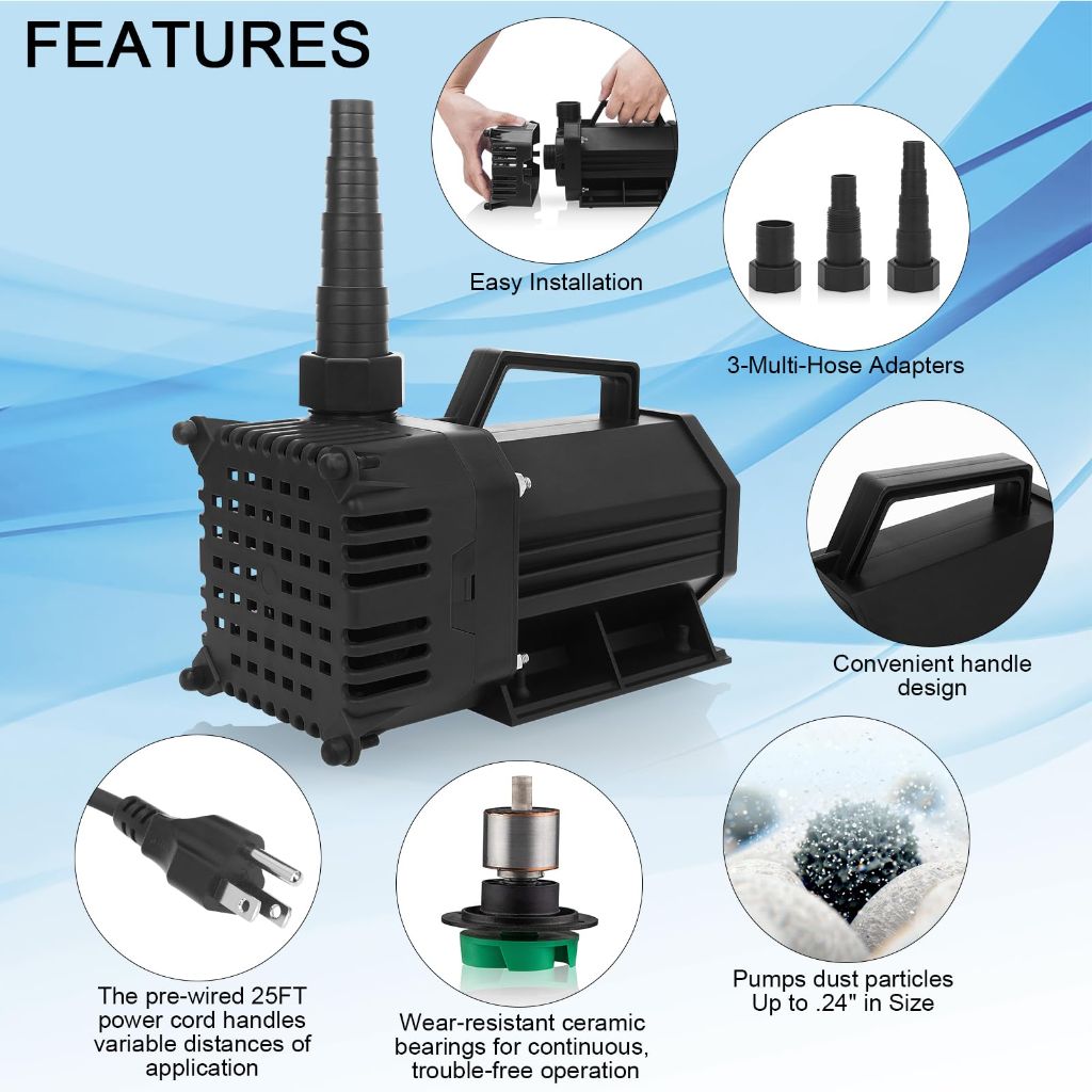 BARST 1720GPH Submersible Water Pump UL Certified Pond Pump with 25FT Cord, 150W