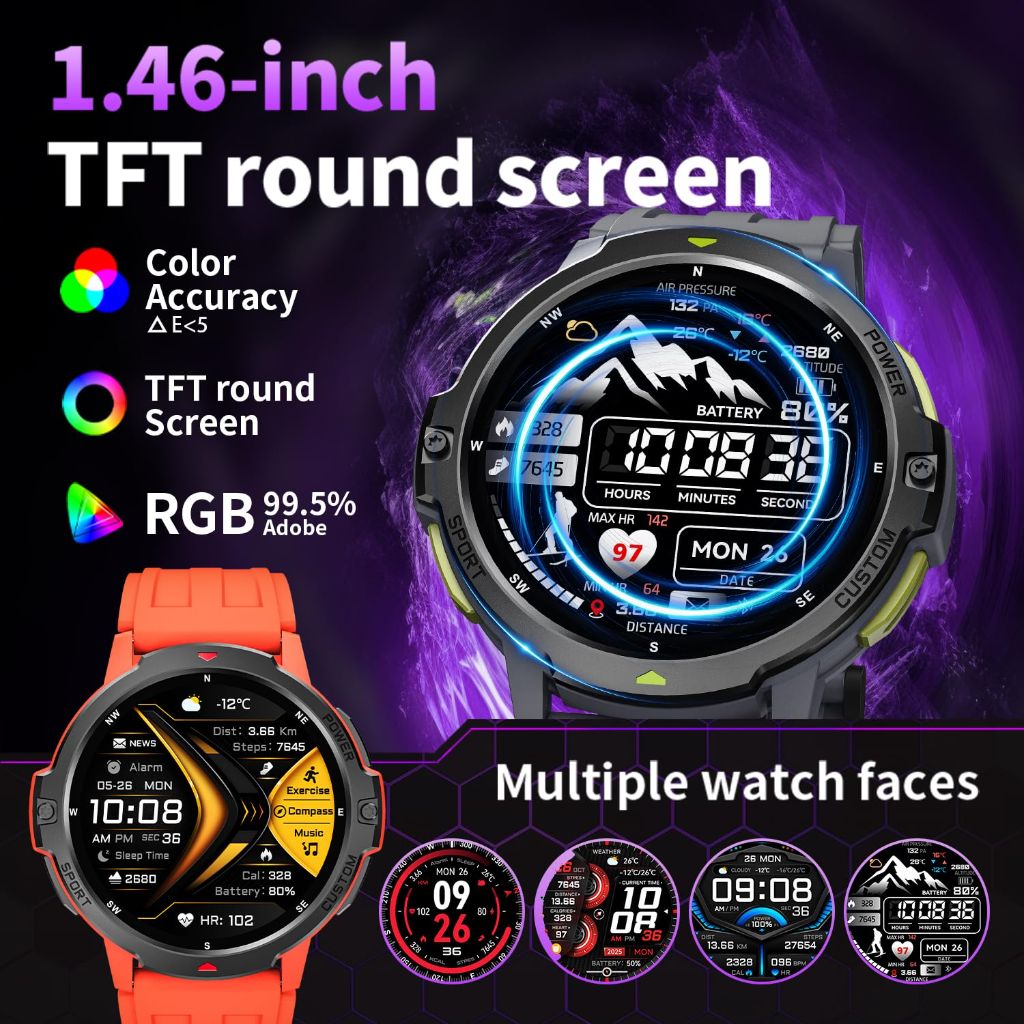 Rugged Smart Watch | 1.46'' Tactical Smartwatch with Bluetooth Calls, Compass | Black