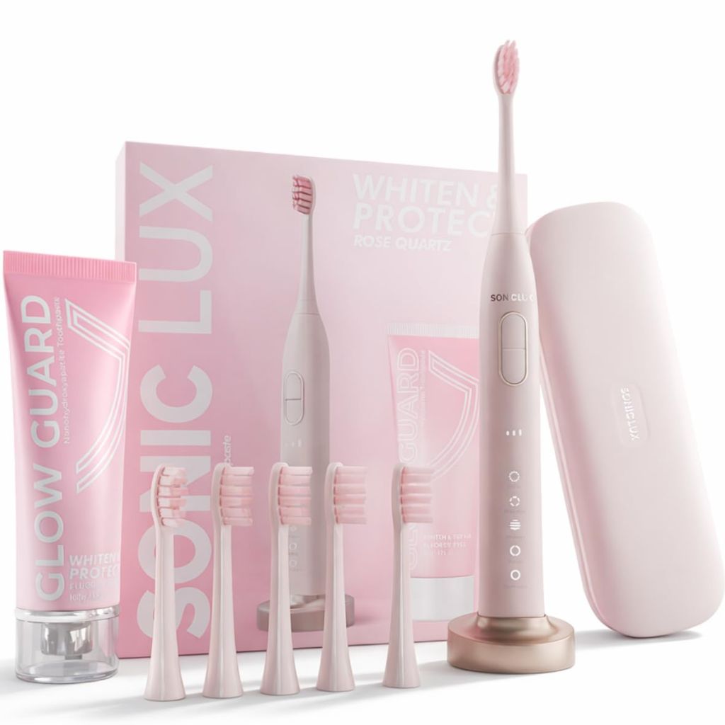 SMILE NOVA Sonic Lux Electric Toothbrush w/Whitening Toothpaste & 6 Brush Heads - Rose Quartz
