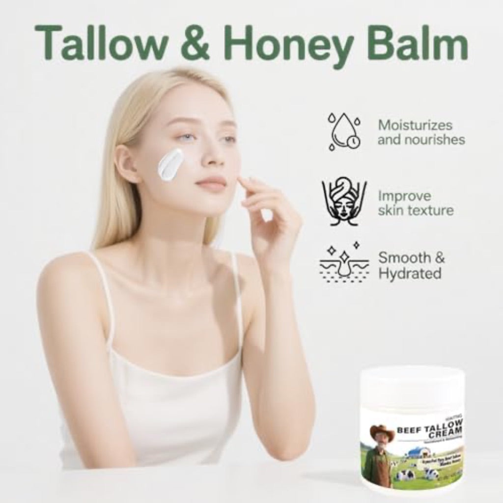 Tallow and Honey Balm,Beef Tallow for Skin,Tallow Face Moisturizer,Grass-Fed Beef Tallow & Raw Wild Honey for Hydrated Smooth Skin
