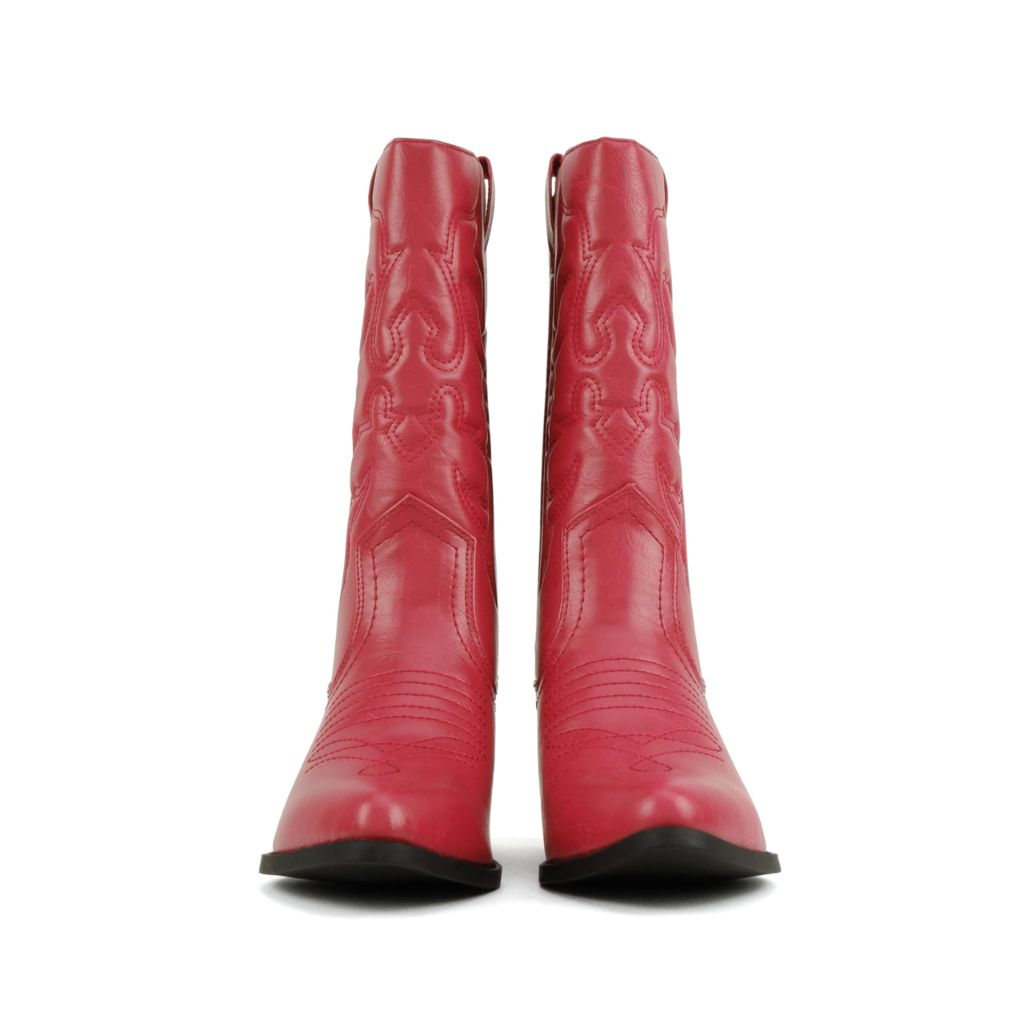Soda “Rodeo” ~ Women's Knee High Western Cowboy Boots with Stitched Detailing, Pointed Toe, and Low Block Heel (A-red Pu, WIDE, 6.5)