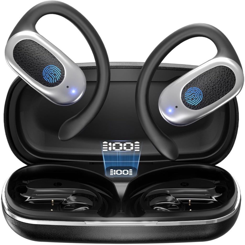 Open Ear Wireless Air Conduction Earbuds with Mic, 42H Playtime, Clear Calls, LED Digital Display - Black
