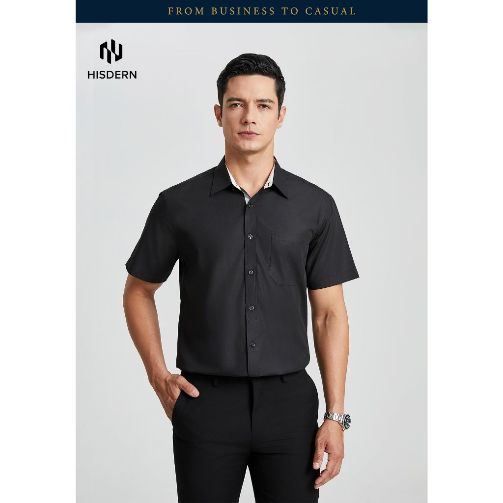 HISDERN Men's Short Sleeve Dress Shirt, Black, 2XL