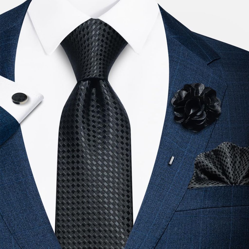 Solid Color Ties Set Men Handkerchief Cufflinks Brooch 3.15 inches Classic Formal Necktie Pocket Square Set (Black)