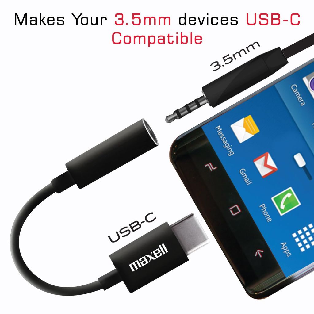 Maxell Sync Up USB-C Headphone Adapter, 3.5mm Audio Jack to USB-C, Reversible | Black