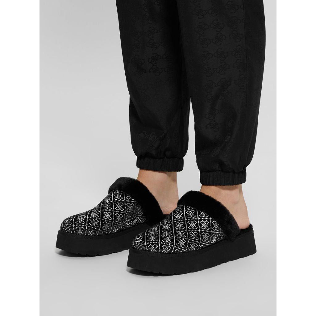 Guess Women's Danikas Slipper, Black Velvet Rhinestone Logo - size 7