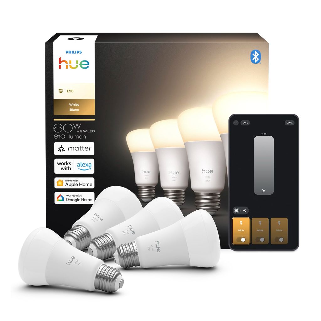 Philips Hue Smart LED A19 Bulbs, Warm White, 27000K, E26, 9W/810L, Dimmable - 4 Pack
