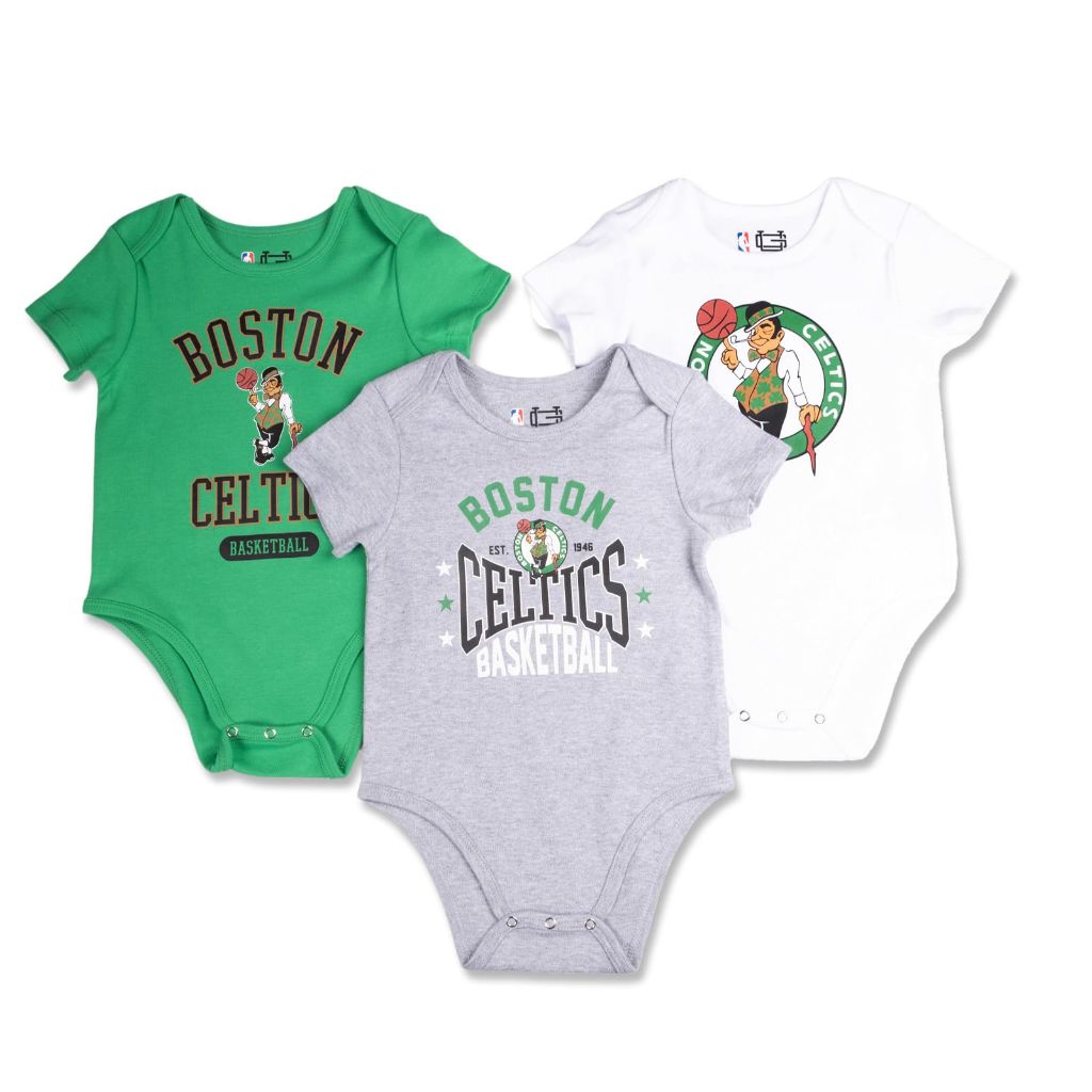 Ultra Game Youth NBA Official Baby Super Soft Cotton 3 Pack Creeper Bodysuit, Boston Celtics, Assorted, 3-6M