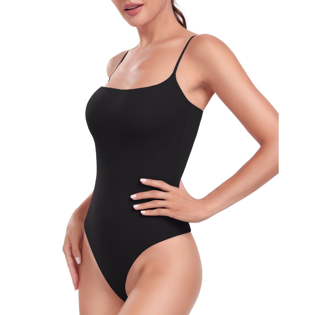 HeyNuts Women's Ultra Soft Spaghetti Strap Scoop Neck Sleeveless Bodysuit, Black L(12)