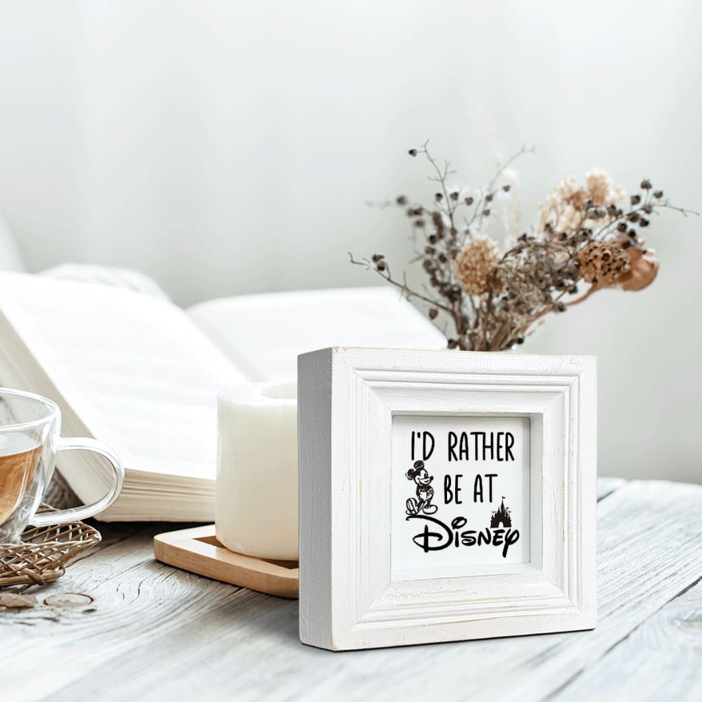 Lovely Desk Sign, Farmhouse Table Shelf Decoration, Home Decor Signs, Interesting Office Workplace Decor for Disney Lover, I'd Rather Be At Disney, Distressed White Wood Sign 5.9 * 5.9 * 1.2inches