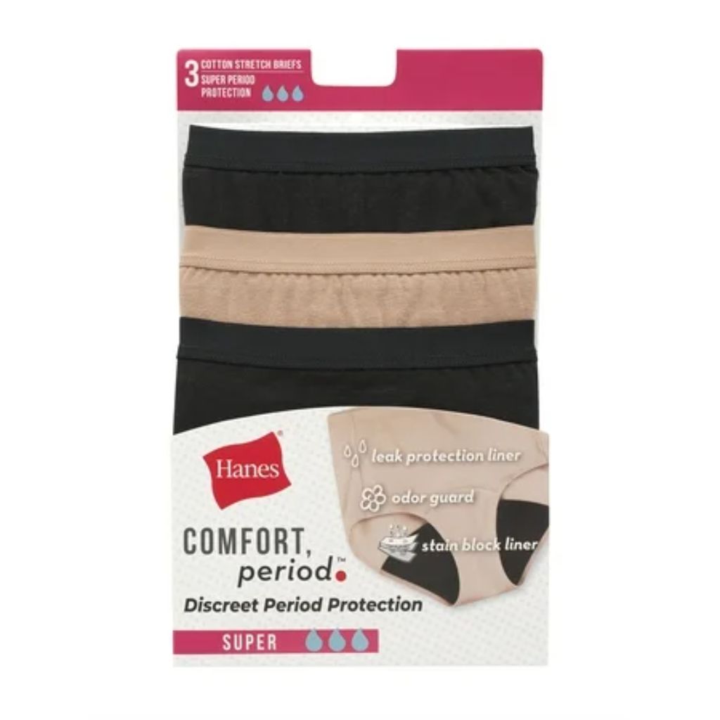 Hanes Women's 3pk Comfort Period Briefs, Super Leaks - Black XXL: Moisture Wicking, Absorbent Center Panel, Knit Fabric