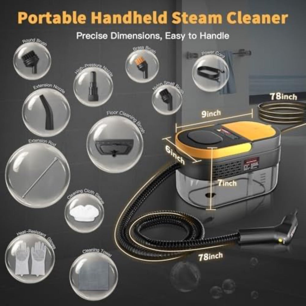 Gautye Steam Cleaner, 3-Level Adjustable Handle, 15s Heat-up, 1.69qt Tank, 15 Pcs Accessories