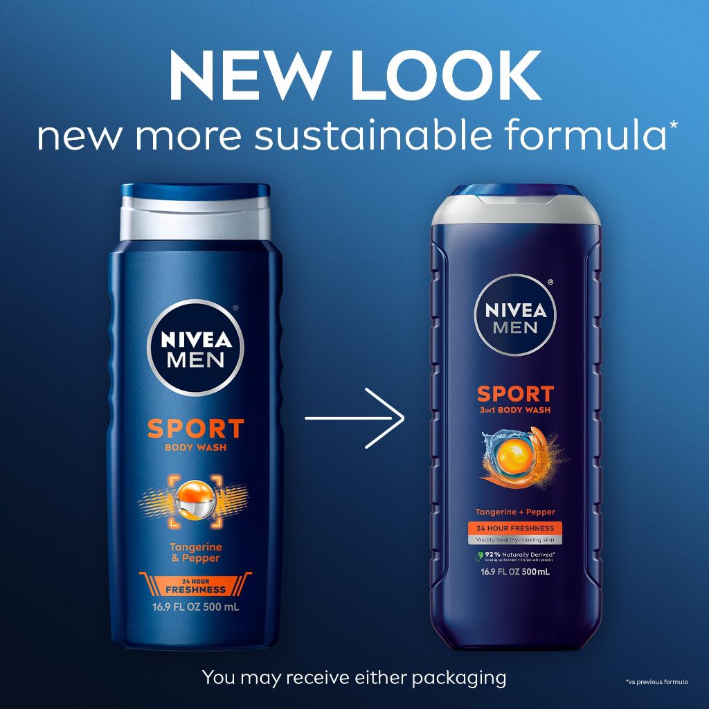 NIVEA 3-in-1 Men's Sport Body Wash with Revitalizing Minerals, Tangerine and Pepper Scent | 16.9 Fl Oz Bottle