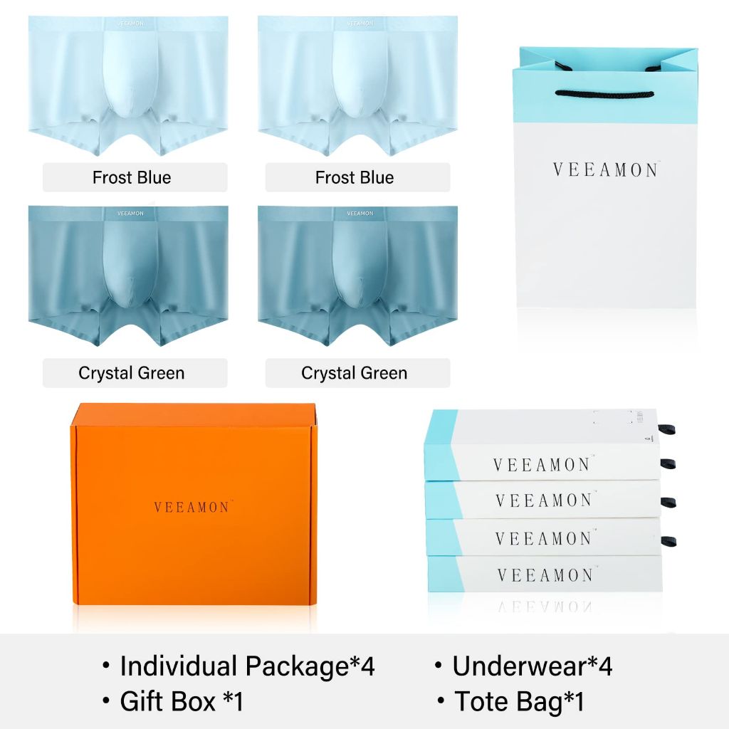 SZ S, VEEAMON Mens Ice Silk Underwear 4-Pack Boxer Briefs Comfortable Soft Trunks Underwear With Gift Box