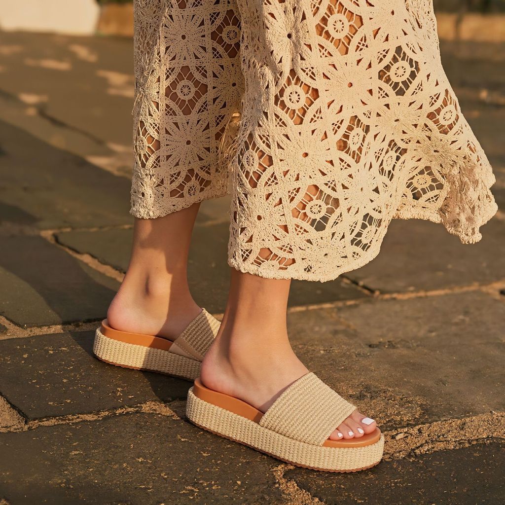 SZ 7, EQAUDES Espadrilles Wedges Women Brown Platform Sandals Raffia Slip On