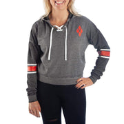 SZ M, Bioworld Suicide Squad Harley Quinn Junior's Cropped Lightweight Hoodie | Black