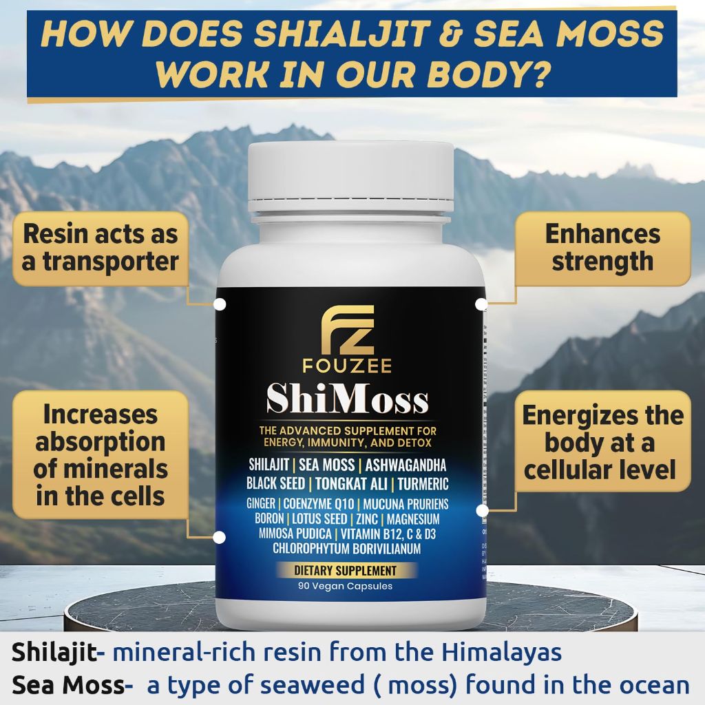 FOUZEE ShiMoss Supplement w/Shilajit 1000mg, Sea Moss 7000mg - 90 Count