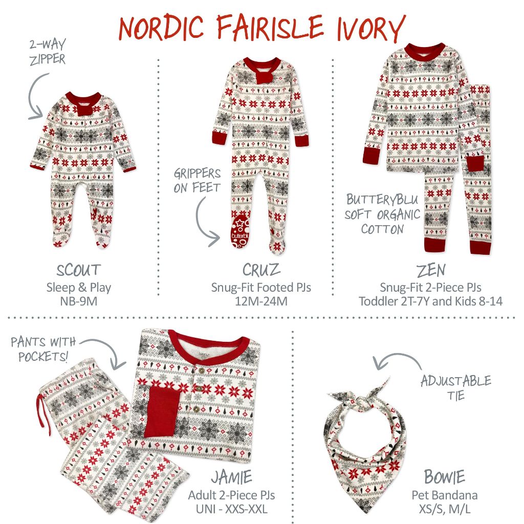 Butterblu JAMIE Matching Family Jammies Holiday Pajamas Nordic Fair Isle Ivory, 0-3 Months
