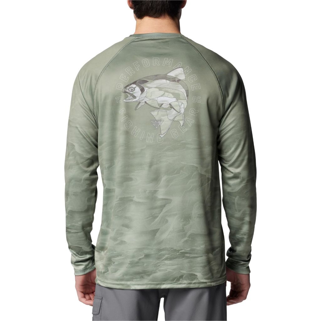 Columbia Men's Super Terminal Tackle PFG Fish Flow Long Sleeve, Cypress Undulating/Fish Flow Trout, X-Small