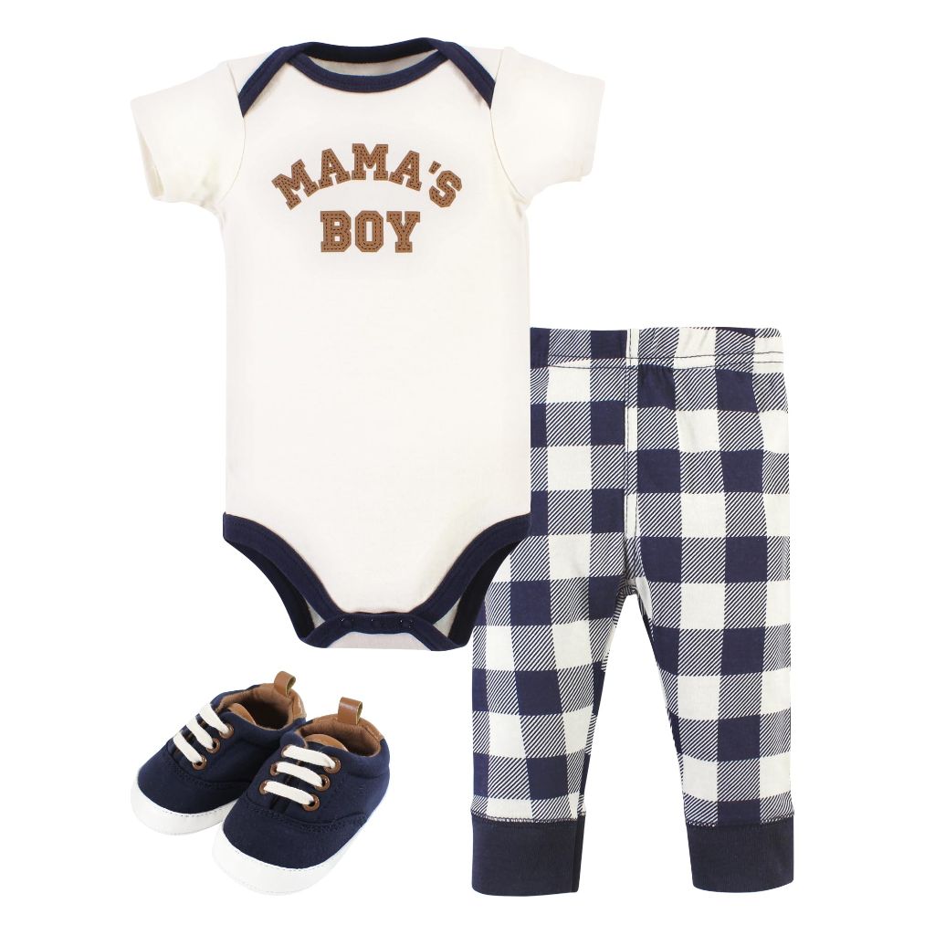 Hudson Baby Unisex Baby Cotton Bodysuit, Pant and Shoe Set, Brown Navy - size 18 Months