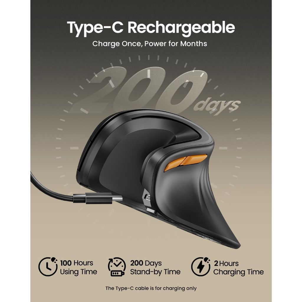 ProtoArc EM11 NL Wireless Ergonomic Mouse, Bluetooth Rechargeable Vertical Mouse, 3 Multi-Device Connectivity - Black