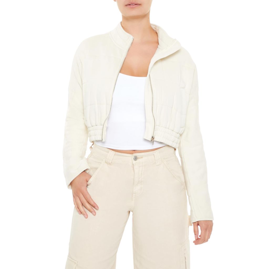 Forever 21 Women's Quilted Zip-Up Cropped Jacket White X-Small